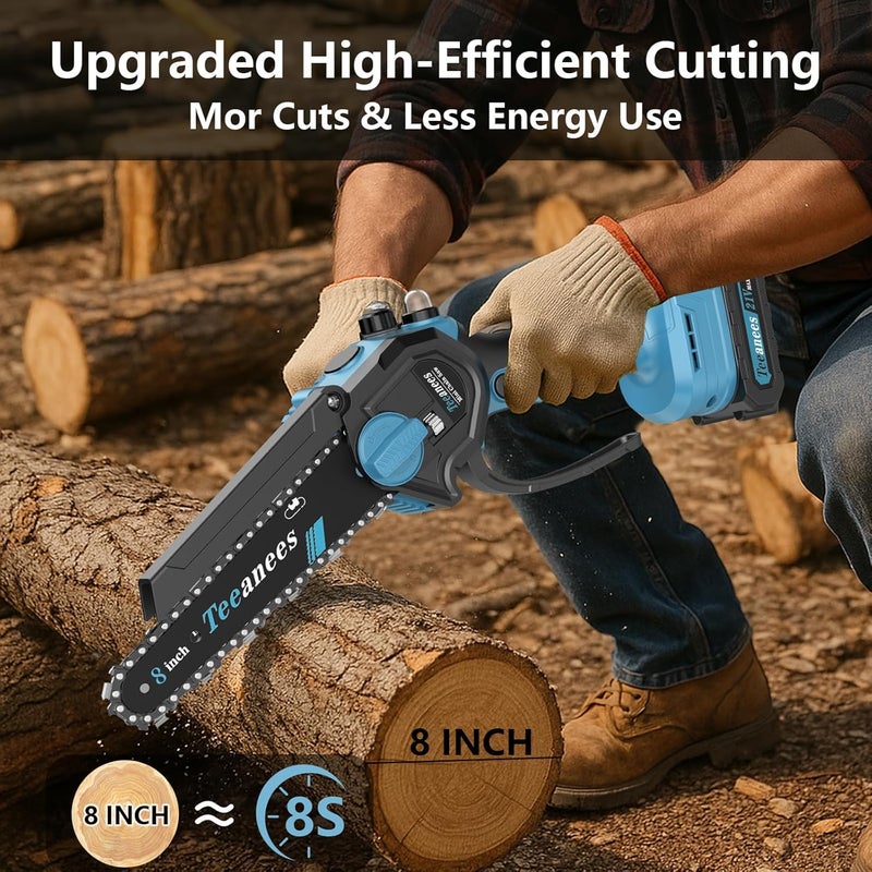ANEES Mini Chainsaw Cordless 8 Inch, Portable Electric Chain Saw with 2 Battery 8 Chains, Auto Oiler, Battery Powered Small Handheld Saw for Wood Cutting, Tree Trimming, Garden(Blue) - Image 4